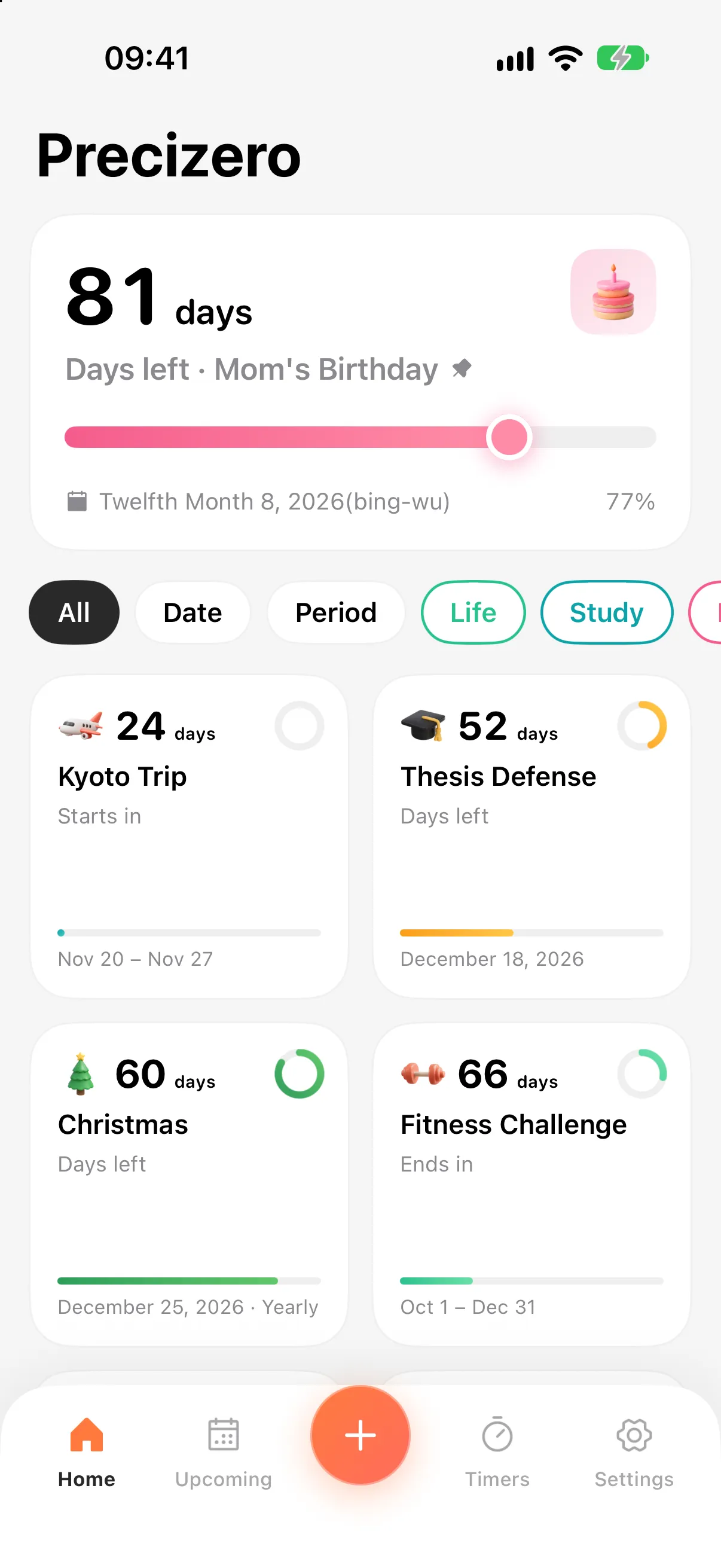 Precizero Home screen with a pinned countdown and a grid of countdowns
