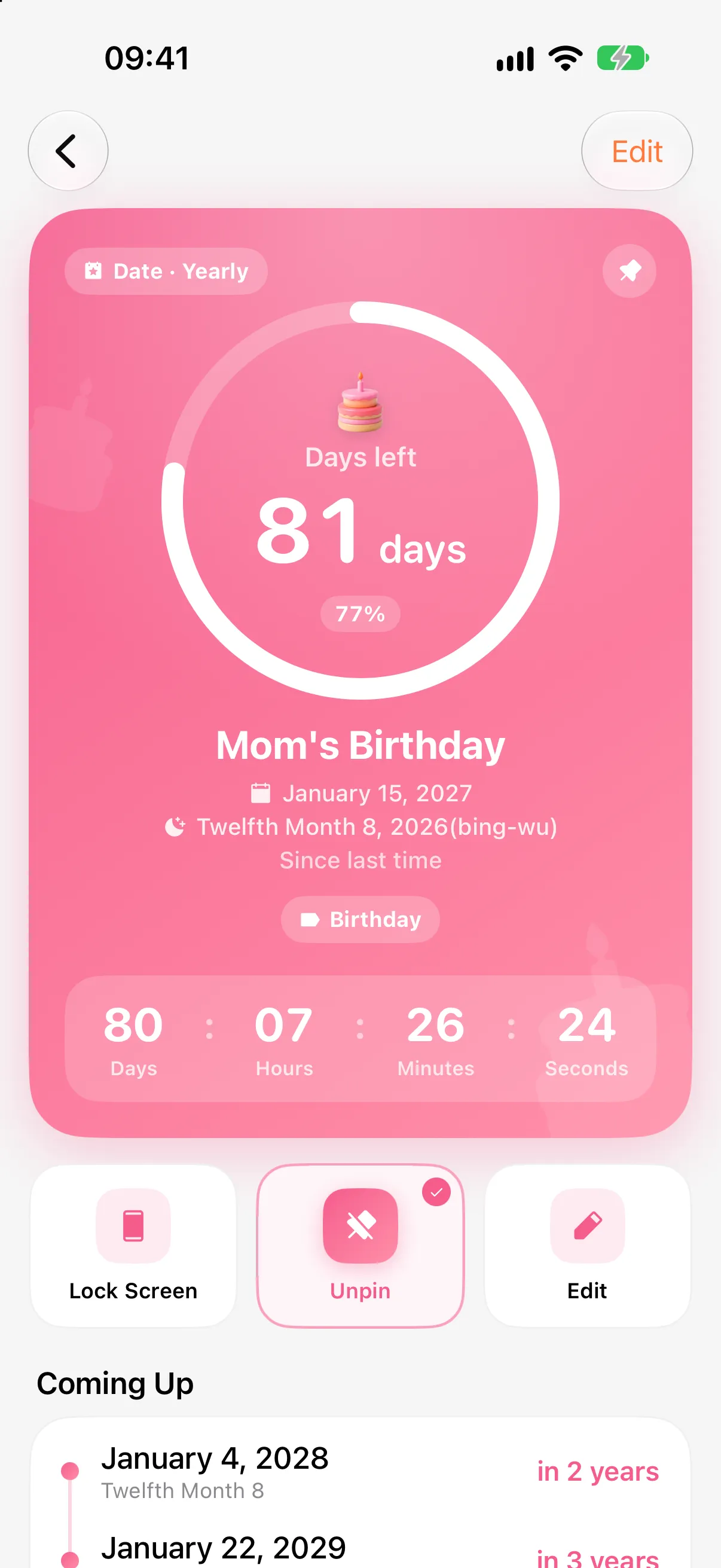 Countdown detail with a progress ring and days, hours, minutes and seconds