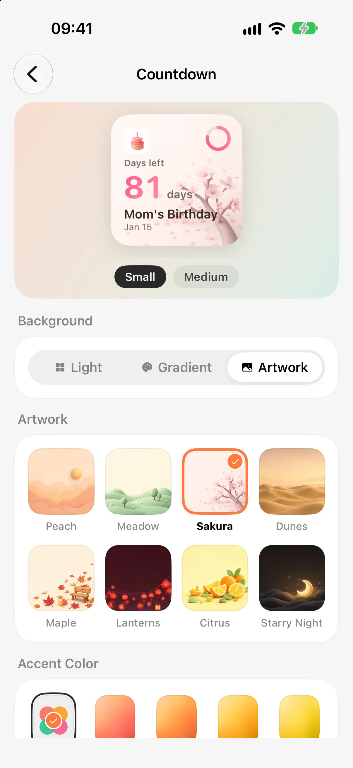 Widget settings with artwork backgrounds and size previews