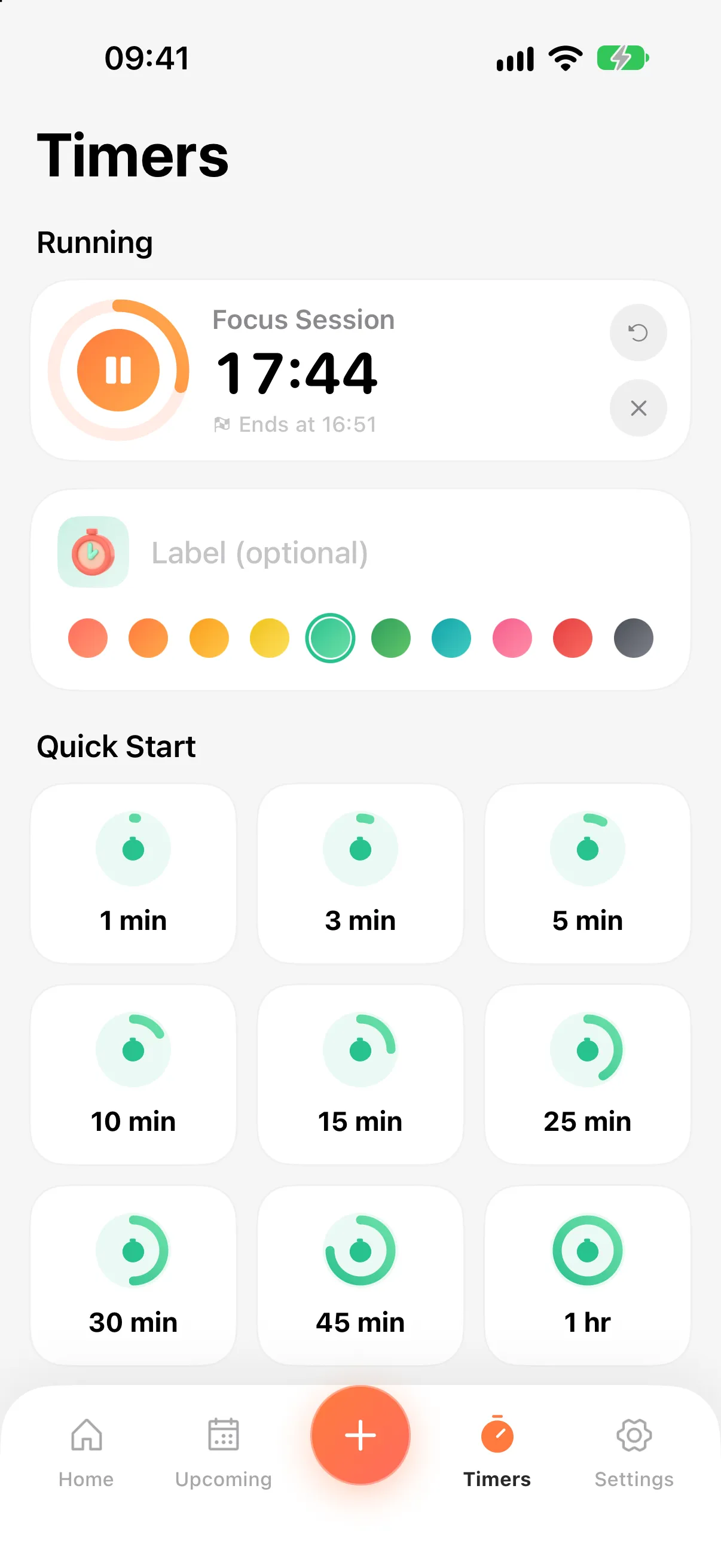 Timers screen with a running focus session and quick-start presets